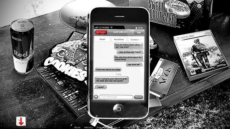 Big Bad Dogs screenshot showing Lane text messages on a 2009 mobile phone